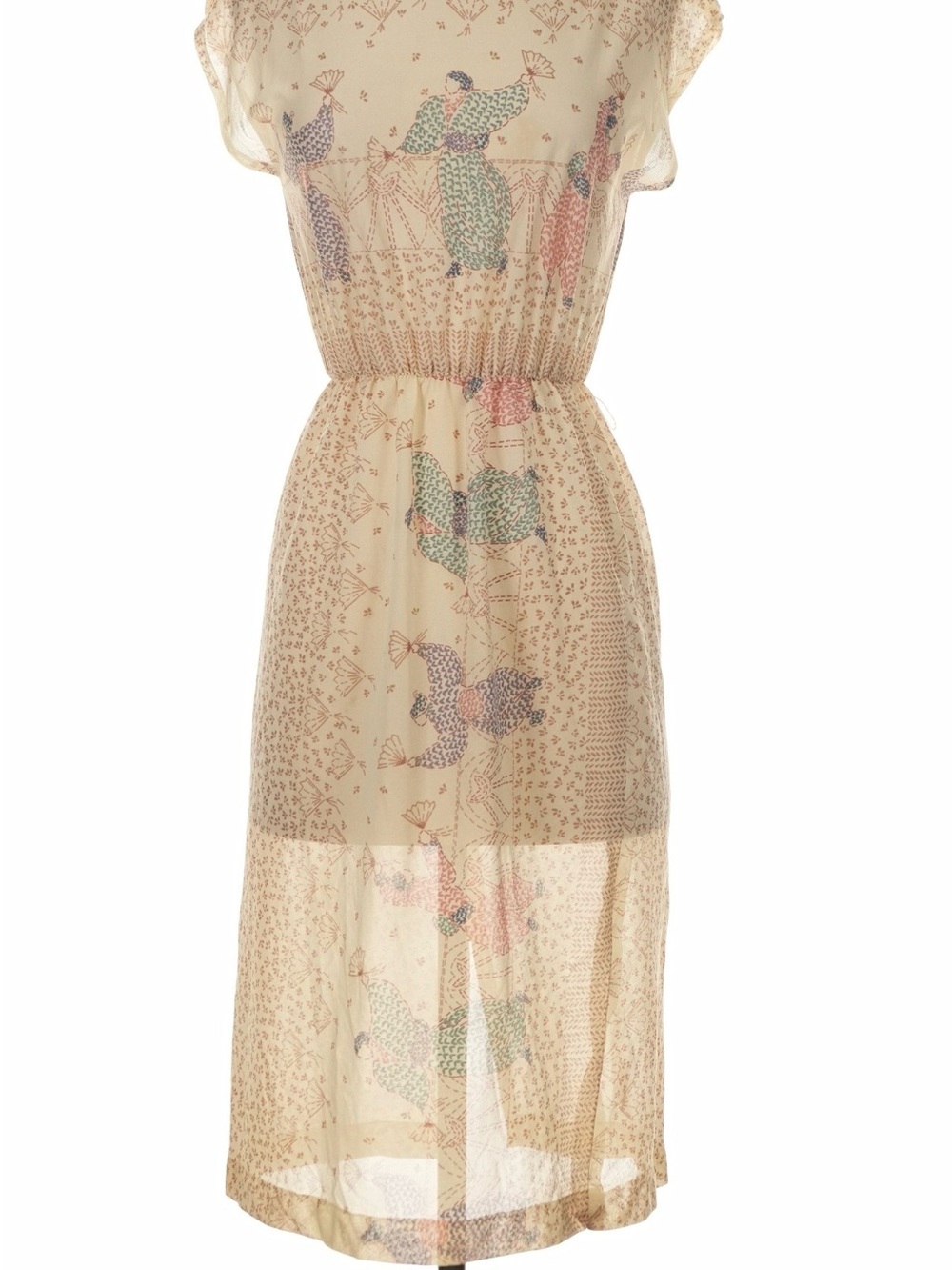 Vintage Cream Sheer Midi Dress with Multicolor Print